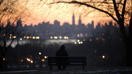 A Person Sitting on a Bench Overlooking a City at Dusk - Generative AI
