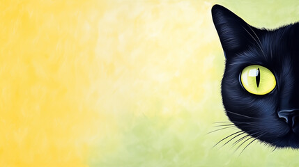 Banner. Half portrait of a black cat with an eye in yellow-green on an animalistic background for wallpaper, postcard, and showcase with copy space