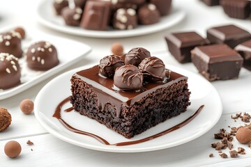 Gourmet chocolate brownie, truffles, dessert, white table, studio, confectionery