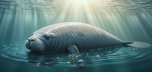 Manatee
"A gentle manatee drifts lazily through calm, clear waters, its smooth, gray body glowing softly under beams of sunlight. The serene expression on its face and the gentle ripples around .