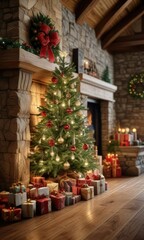 Obraz premium A beautifully decorated Christmas tree sits atop a wooden mantel in front of a large stone fireplace with presents surrounding it , presents, cozy interior, stacked presents