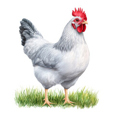 Fototapeta premium Illustration of a white chicken standing on green grass isolated on a transparent background