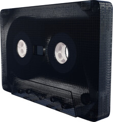 Black audio cassette with textured, semi-transparent surface, revealing white reels inside and...