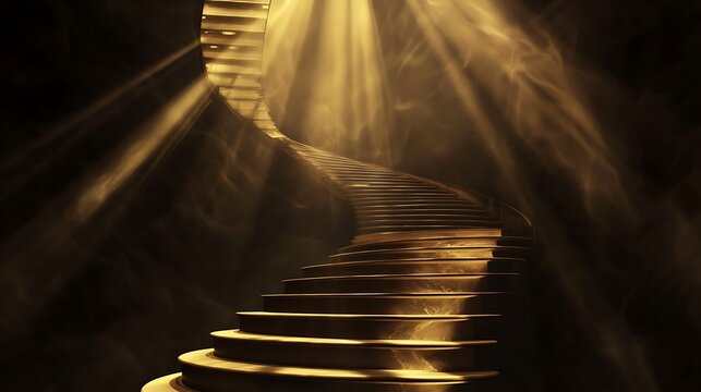 A staircase with gold steps is lit by sunlight