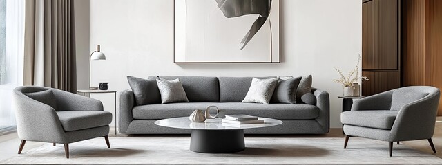 Modern interior living room with comfortable sofa and stylish furniture in a luxurious apartment