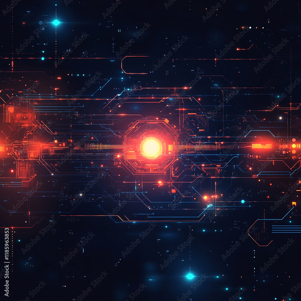 Poster futuristic digital technology design featuring glowing elements and intricate patterns