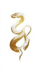 Golden Dragon or Golden Snake illustration design, minimalist, graphic design, clear scales, writhing body, white background, gold foil paper brush marks
