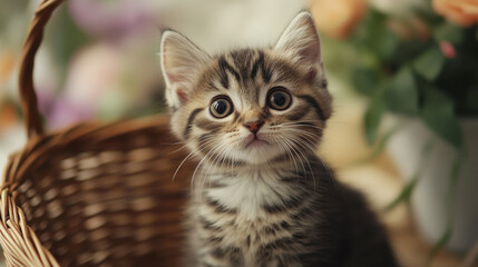 A small, cute kitten sitting in front of a basket, in a close-up shot, looking at the camera