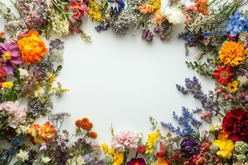 A frame of vibrant flowers on a white background with ample space for a greeting card