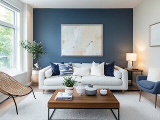 Modern Living Room Interior Design With Blue Accent Wall