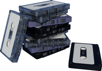 Stack of mixed audio cassettes in various transparent and textured cases, some with white labels, neatly piled with one lying separately against transparent background. Concept of technology. Ad