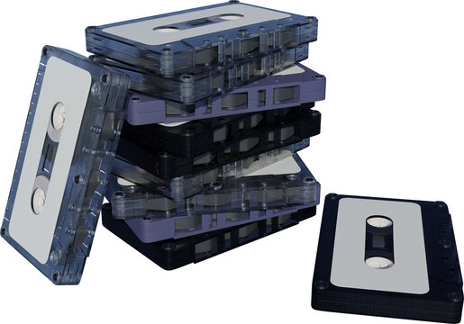 Stack of mixed audio cassettes in various transparent and textured cases, some with white labels, neatly piled with one lying separately against transparent background. Concept of technology. Ad