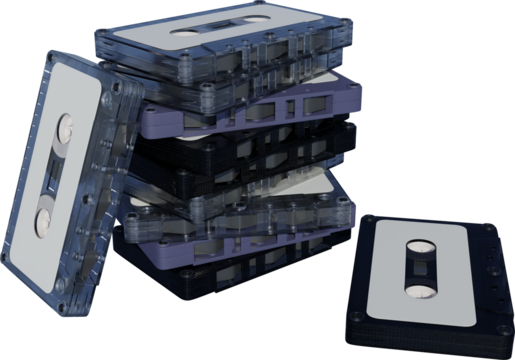 Stack of mixed audio cassettes in various transparent and textured cases, some with white labels, neatly piled with one lying separately against transparent background. Concept of technology. Ad
