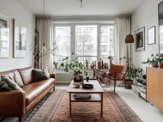 Fototapeta premium Scandinavian Living Room With Leather Sofa And Plants