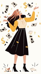 Obraz premium Smiling woman standing with falling money and joyful expression