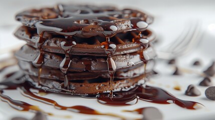 A stack of chocolate waffles, drizzled with syrup, isolated on a white surface.