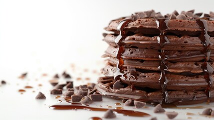 A stack of chocolate waffles, drizzled with syrup, isolated on a white surface.