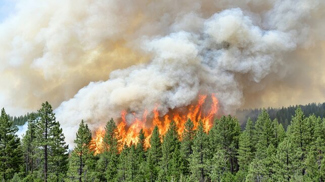 A wildfire engulfs a forest, with flames and smoke rising dramatically against a backdrop of trees and sky.