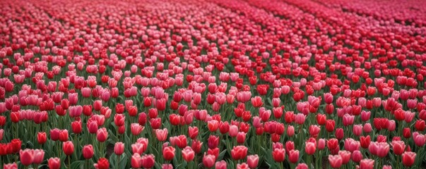 Fototapeta premium a field of tulips with varying shades of red and pink hues, natural landscape, tulip flowers