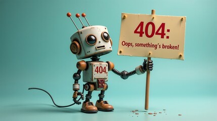 Robot holding a sign indicating a 404 error while standing on a turquoise background