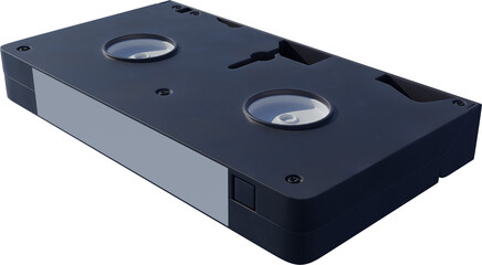 Black VHS tape with matte surface, visible spools under transparent round windows, and blank label area on side against transparent background. Concept of nostalgia, multimedia, technology. Ad