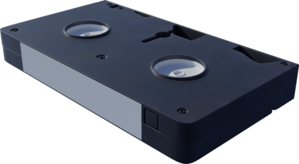 Black VHS tape with matte surface, visible spools under transparent round windows, and blank label area on side against transparent background. Concept of nostalgia, multimedia, technology. Ad