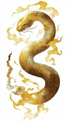 Fototapeta premium Golden Dragon or Golden Snake illustration design, minimalist, graphic design, clear scales, writhing body, white background, gold foil paper brush marks