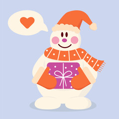 A cute snowman holds a Christmas present in his hands. The smiling snowman. Christmas vector illustration.