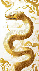 Dragon orSnake illustration design, minimalist, graphic design, clear scales, writhing body, gold foil paper brush marks