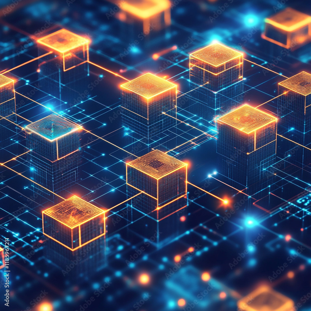 Poster futuristic digital network of glowing blocks in a high-tech environment