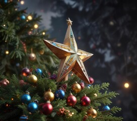 A gleaming metallic star perched atop a towering fir tree adorned with multicolored ornaments , shimmering, radiant