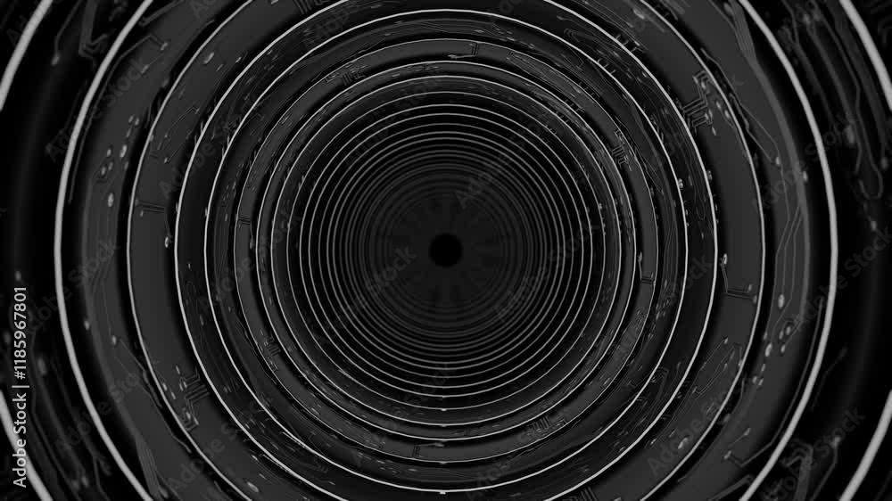 Poster endless forward movement inside a round black tube with printed circuit board tracks. 3d render loop