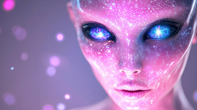 Close up portrait of bald pink alien female with glowing eyes and starry skin texture, evoking sense of wonder and mystery in cosmic setting