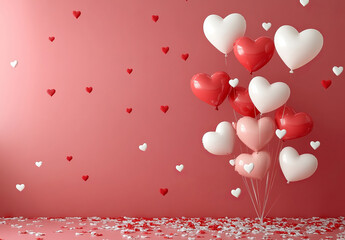 3D heart-shaped balloons float gracefully against a pink backdrop, creating a vibrant Valentine's Day scene with red and white tones. A festive and romantic decoration setup.