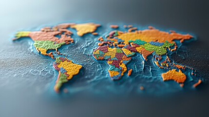 3D textured world map with countries highlighted in various colors.