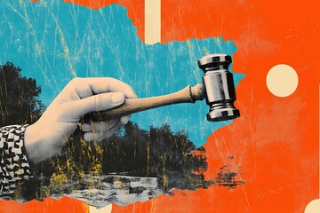 Contemporary art collage featuring a hand with a judicial hammer.