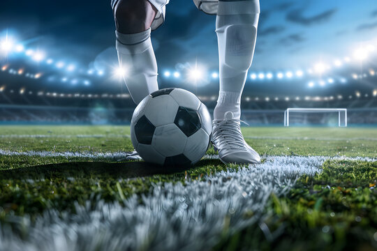 A soccer player readies to kick a ball on a lit grassy field - Powered by Adobe