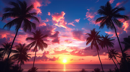 The Beauty of sunset palm trees of the evening sky tropical backdrop 