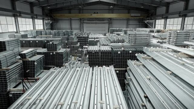 Large warehouse of finished products. Parts for road infrastructure. Galvanized steel fences and supports, ready for shipment.