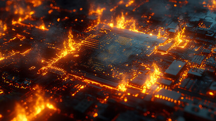 A digital circuit board engulfed in flames, symbolizing destruction and chaos in technology.