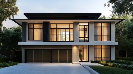 Fototapeta premium Sleek Two Story Villa Featuring Garage and Luxurious Minimalist Style
