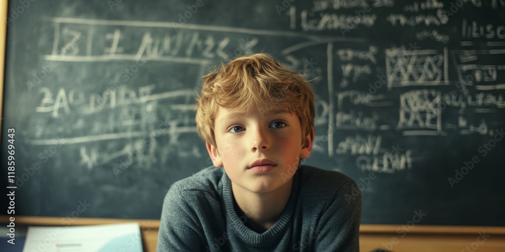 Poster a focused young boy sits in a classroom filled with a chalkboard of notes and calculations. the scen