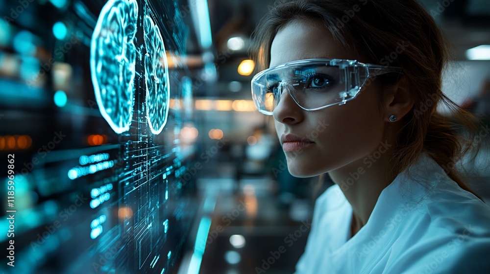 Poster scientist examining brain scan on digital display.