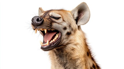 A close-up of a laughing hyena showcasing its teeth and expressive features.