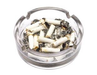  Glass ashtray with cigarette stubs, butts with ash isolated on white background, side view