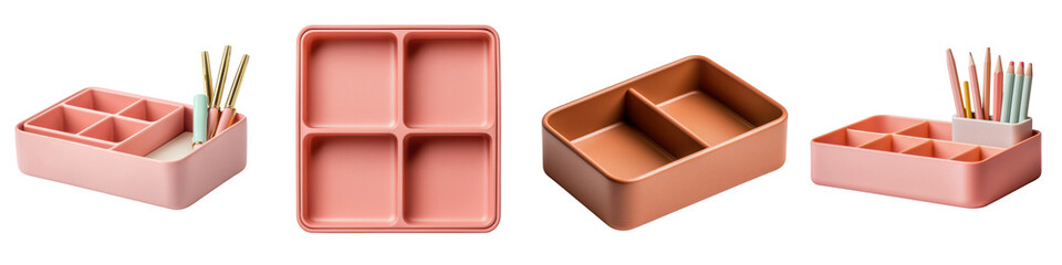 Stylish and functional desk organizer in a modern coral and wood color scheme featuring multiple compartments and trays for neatly storing and arranging office supplies stationery