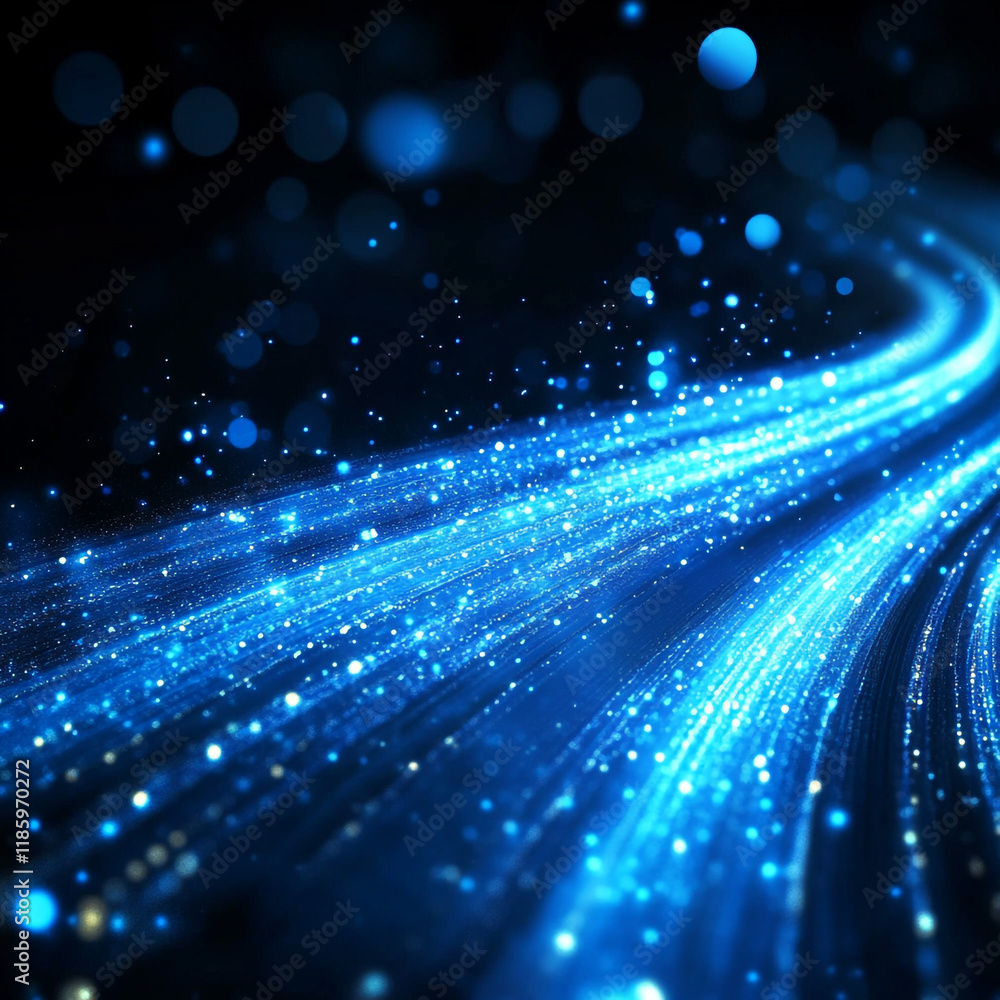 Poster bright blue light trails create a mesmerizing abstract pattern in a dark background