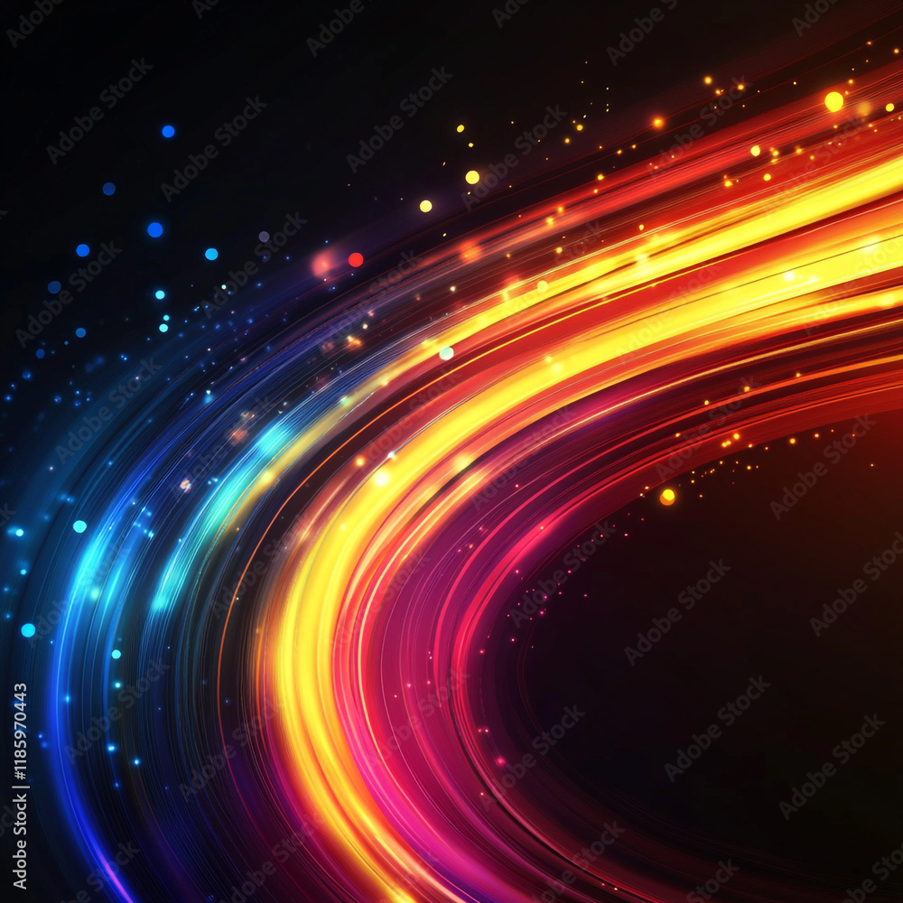 Poster colorful light trails create an abstract design against a dark background