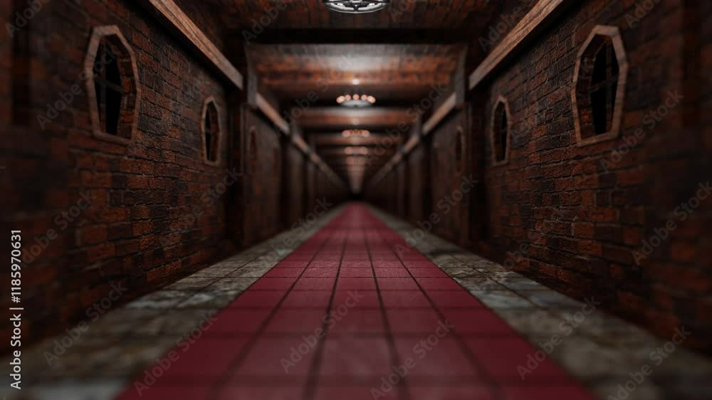 Poster endless forward movement along a stylized corridor of a brick castle with red carpets on the floor. 