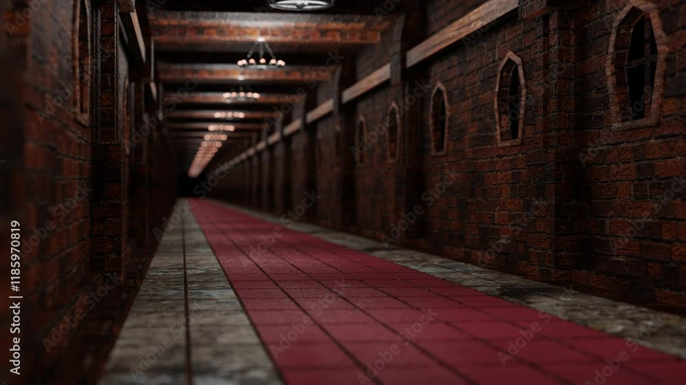 Poster endless forward movement along a stylized corridor of a brick castle with red carpets on the floor. 